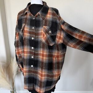 Women’s Zenana Outfitters - Plaid Oversized Shirt Jacket in Rust and Black